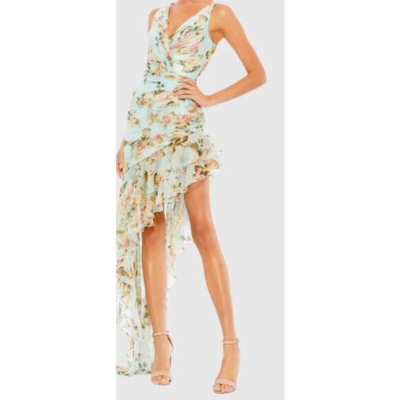 Ieena for Mac Duggal  Blue Floral Print Asymmetrical Ruffle Hem Dress Size 6 - Picture 10 of 10